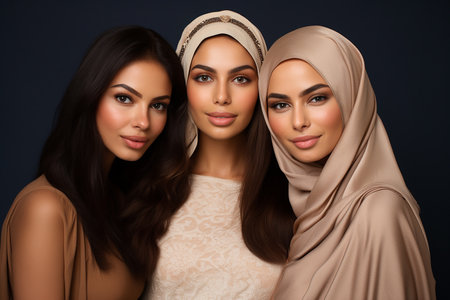 Portrait of three beautiful Muslim women in hijab looking at cameraの素材