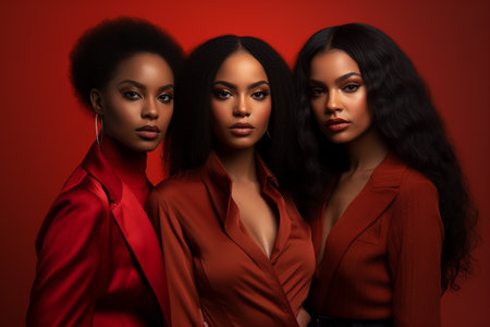 Three beautiful African American women in red suits posing on red backgroundの素材