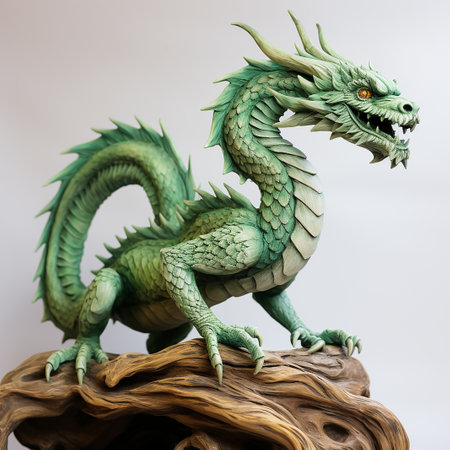 Green dragon statue on white background, close-up, macro.の素材