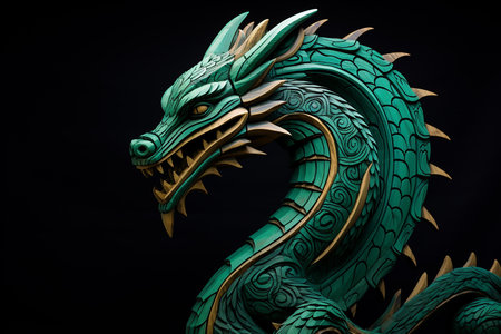 Dragon statue isolated on black background. 3d illustration. Green dragon statue.の素材