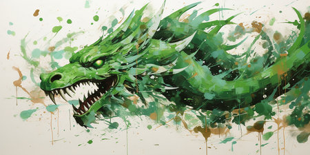 Green dragon with watercolor splashes on white background. Digital illustration.の素材