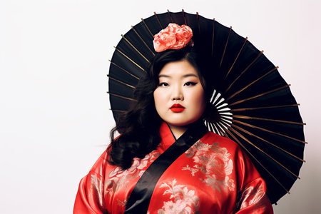 young pretty asian woman in kimono with fan on white backgroundの素材