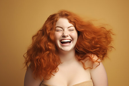 Portrait of beautiful young woman with curly red hair on color backgroundの素材