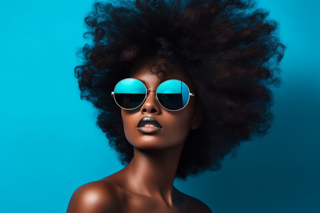 Beautiful african american woman with afro hairstyle and sunglassesの素材