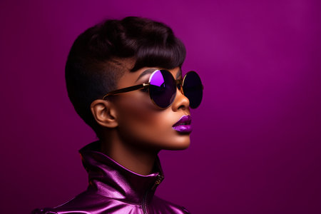Fashionable african american woman in sunglasses on purple backgroundの素材