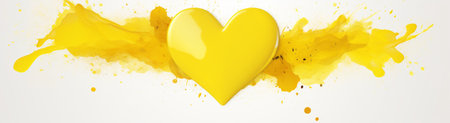 Bright yellow heart with splashes of yellow paint on a white backgroundの素材
