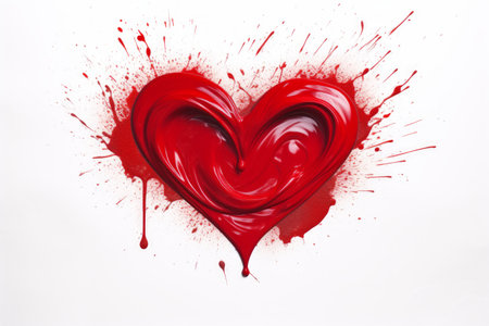 red paint splashes in the shape of a heart on a white backgroundの素材
