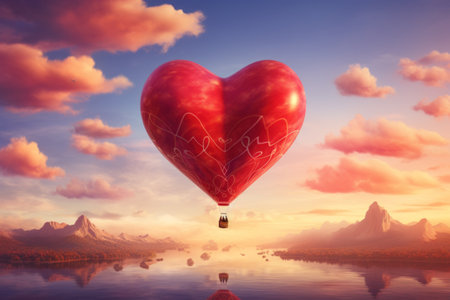 Red heart on a hot air balloon floating in the sky. 3d renderingの素材