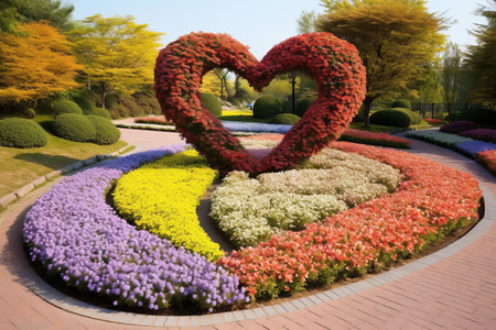 Colorful flowerbed in the park with heart shaped flower pattern.の素材