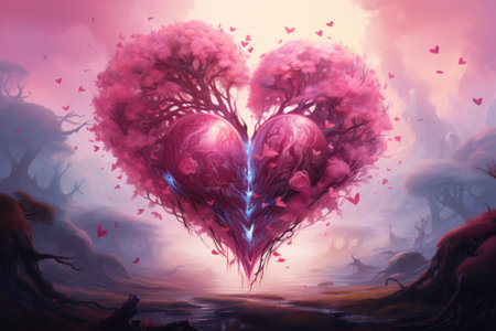 Valentine's Day background with two heart-shaped trees in the forestの素材