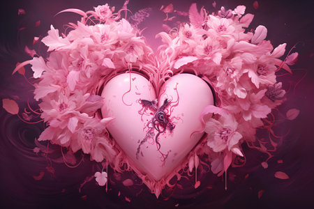 Pink heart with a butterfly in a flower wreath on a dark backgroundの素材