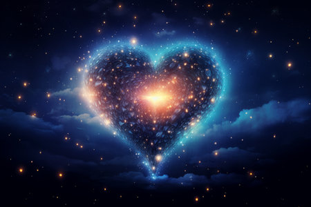 Heart in the night sky with stars and nebula. Vector illustration.の素材