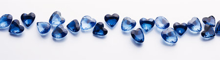 Heart shaped blue gemstones on white background, panoramic shotの素材