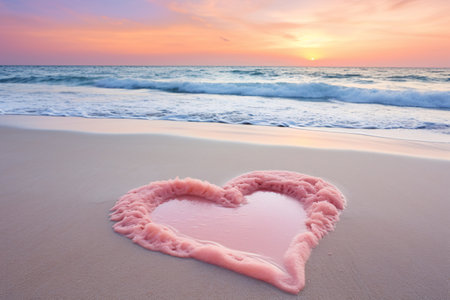 Pink heart on the beach at sunset time. Valentine's day concept.の素材