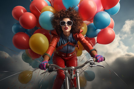 Fashionable woman in red overalls riding bicycle with colorful balloonsの素材