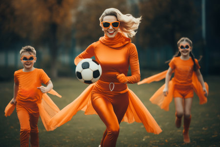 Beautiful young women in orange clothes playing soccer on the football fieldの素材