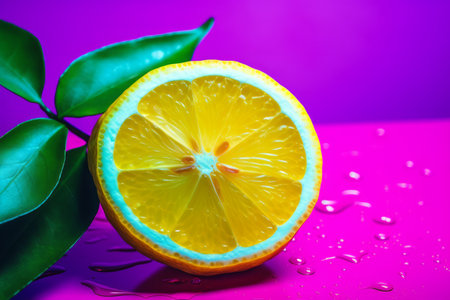 Citrus fruits, lemon and lime on a pink background.の素材