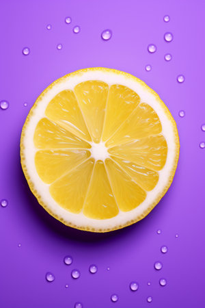 Sliced lemon on a purple background with water droplets.の素材