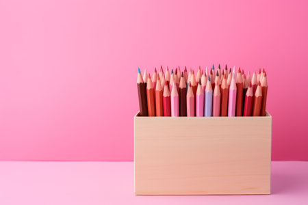 Set of colorful pencils in a wooden box on pink background.の素材