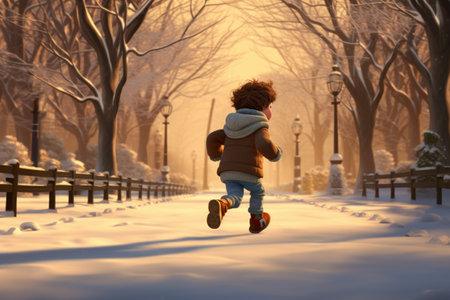 Little boy running in the park at sunset. Winter wonderland.の素材
