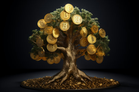 Money tree with euro coins on a dark background. 3d renderの素材