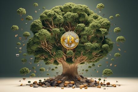 Bitcoin tree with a golden coin on a dark background. 3d renderingの素材