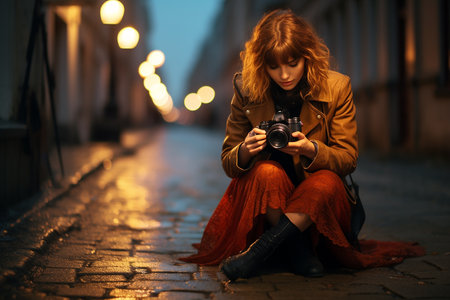 Portrait of a red-haired girl with a camera in the city at nightの素材