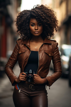 Beautiful young African American woman with curly hair, wearing brown leather jacket, posing in the city streets, holding a camera.の素材