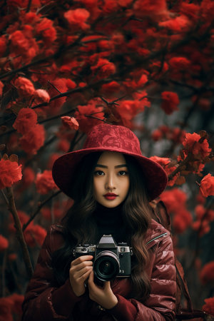 Portrait of a beautiful Asian woman in red hat and coat with vintage cameraの素材