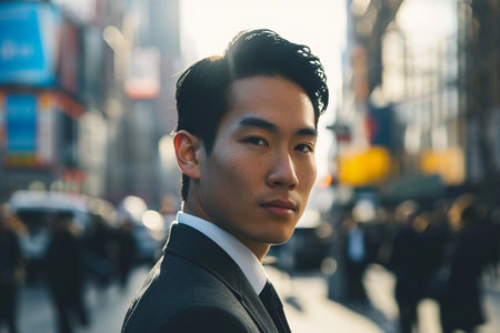 Handsome young Asian businessman in the streets of New York Cityの素材