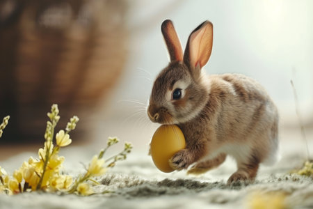 Cute little rabbit with Easter egg on blurred background, closeupの素材