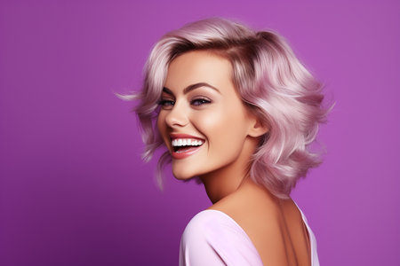 Portrait of a beautiful smiling woman with pink hair on purple backgroundの素材