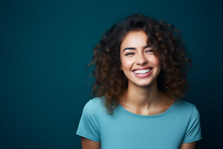 Portrait of a smiling young woman with curly hair on blue backgroundの素材
