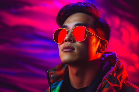 Portrait of a handsome young Asian man in red sunglasses.の素材