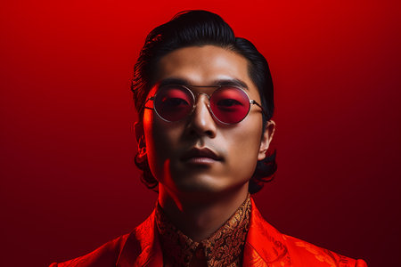 Portrait of a handsome Asian man in red suit and sunglassesの素材
