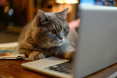 Cute cat is lying on the table with a laptop in the background.の素材