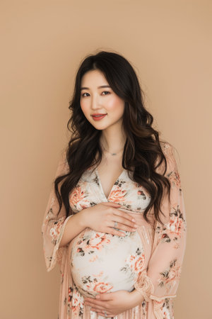 beautiful asian pregnant woman in pink dress on beige backgroundの素材