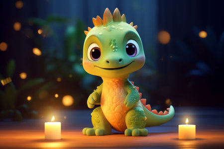 Cute baby dinosaur with candle light. 3d illustration. Cartoon style.の素材