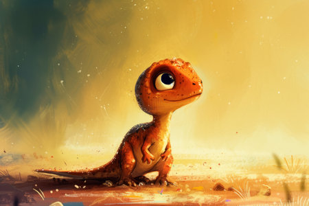 Fantasy scene with cute dinosaur on grunge background. 3d illustrationの素材