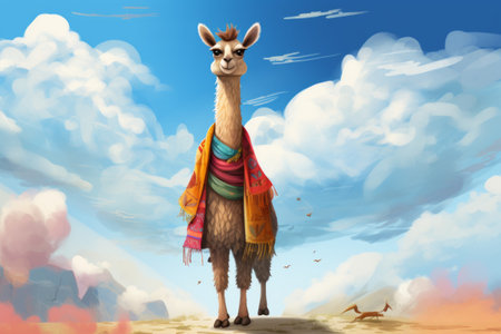 Illustration of a llama with a colorful scarf in the desertの素材