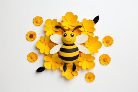 Papercraft of a bee with yellow flowers on a white background.の素材