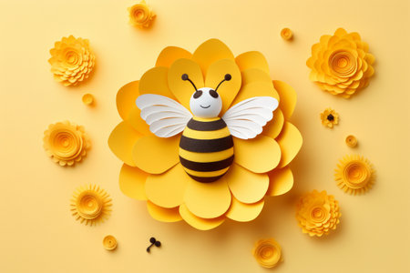 Paper craft bee with yellow flowers on yellow background. Minimal styleの素材