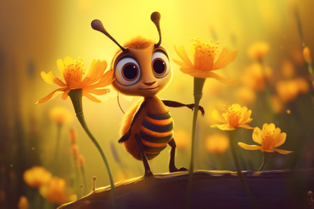 3d illustration of funny bee and yellow flowers in the meadowの素材