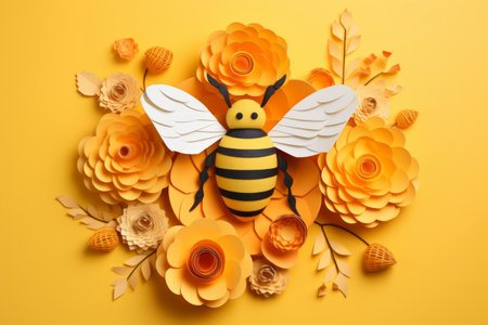 Bee made of paper flowers on yellow background, flat lay. Space for textの素材