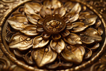 Close-up of golden ornament on wooden background. Selective focus.の素材
