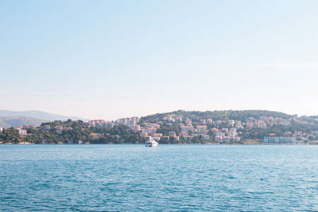Beautiful View at town Okrug Gornji from boat in the Adriatic sea at sunny summer morningの写真素材