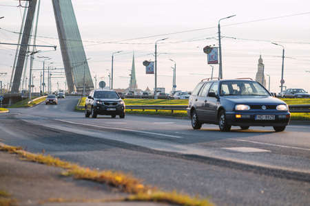 Riga, Latvia - October 6, 2021: Car street road traffic transport. Selective focusのeditorial素材