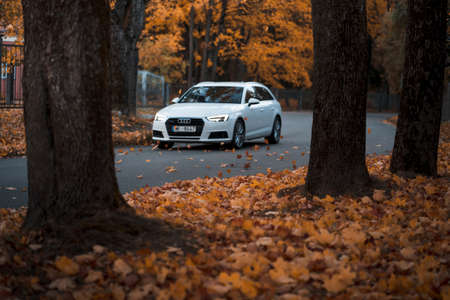 Riga, Latvia-October 6, 2021: Blurred image of White Audi A4 avant driving on the city street during the beautiful autumn leaf fallのeditorial素材