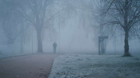Young man walking through the city park on a foggy and cold autumn morning. Front view. Peaceful atmosphere. Alone man walking in a fog.の写真素材