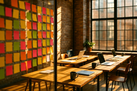 Interior of a modern office space with brick walls, wooden floor and rows of tables with laptops and computer monitors.の素材